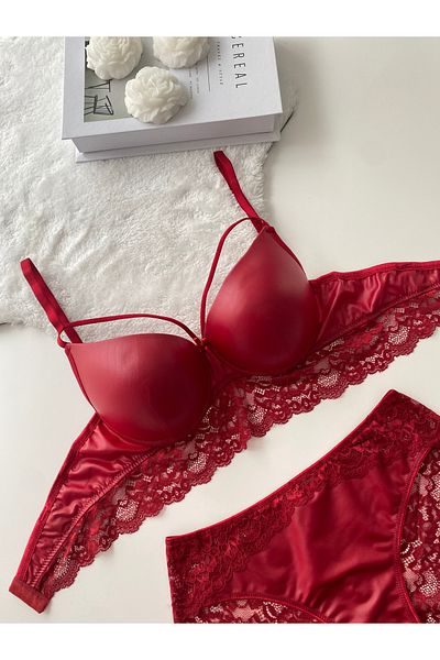 MAVEA Stringed Red Leather Padded Bra Set