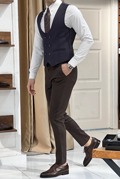 NAZEF Navy Blue Double Breasted Wool Vest - Slim Fit and Self Patterned