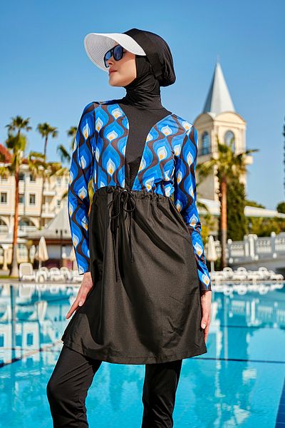 Remsa Mayo Drop Design Parachute Detailed Full Covered Hijab Swimsuit R059