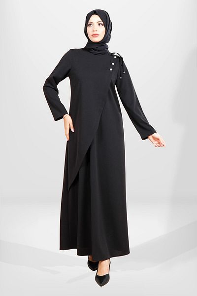 Beyza 5557 Μοντέλο - Μαύρο χιτζάμπ φόρεμα με λεπτομέρεια ώμου με κορδόνια