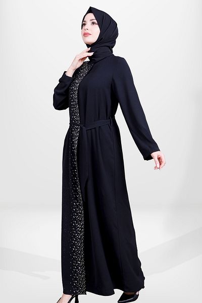 Beyza 5672 Μοντέλο Hijab Μαύρη Πέτρα Λεπτομερές Φόρεμα
