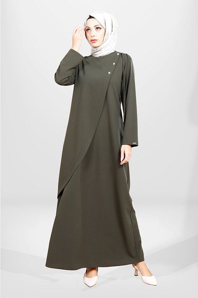 Beyza 5557 Μοντέλο Χακί Φόρεμα Hijab - Λεπτομέρεια ώμου με κορδόνια