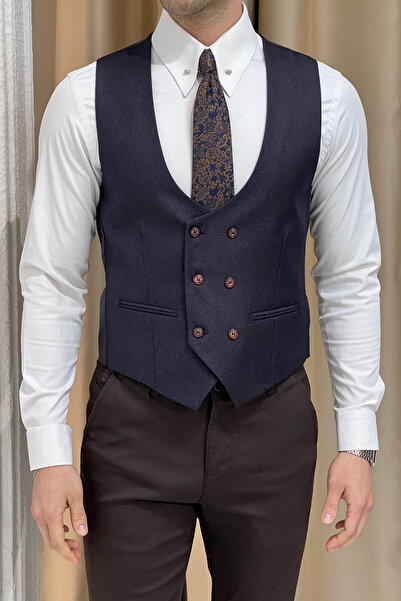 NAZEF Navy Blue Double Breasted Wool Vest - Slim Fit and Self Patterned