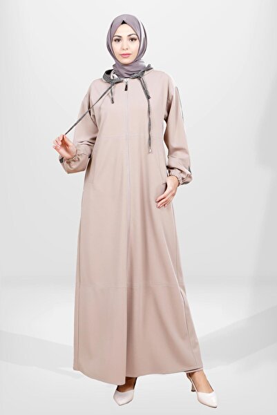 Beyza 3795 Fermuarlı Kapüşonlu Bej Ferace