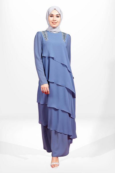 Beyza 5589 Μοντέλο Hijab Flounce Λεπτομερές φόρεμα Indigo