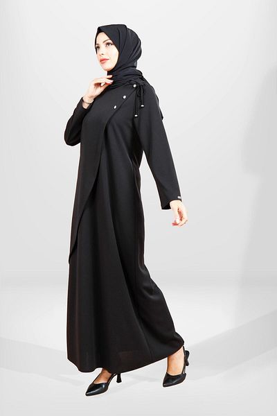 Beyza 5557 Μοντέλο - Μαύρο χιτζάμπ φόρεμα με λεπτομέρεια ώμου με κορδόνια