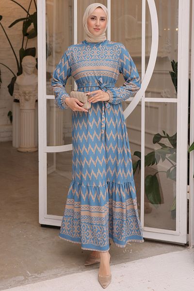 benguen Μπλε φόρεμα Hijab 12016 με σχέδια