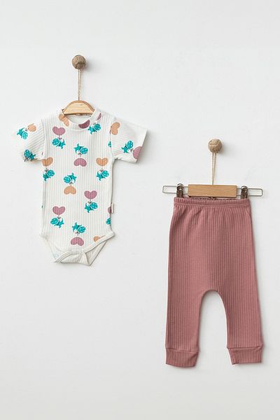 ADABEBEK New Season Dino and Heart Detailed 2-Piece Set with Snap Fasteners 1237