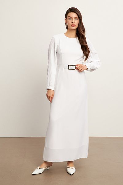 VAVİNOR Pleated Dress with Sleeves - Ecru