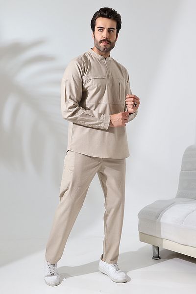 Reis Beige Linen Hajj Umrah Shirt Set