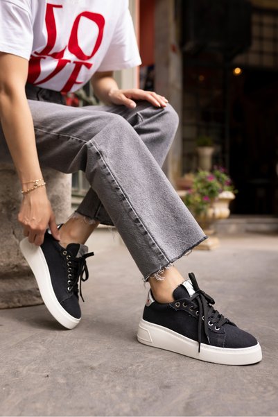 ANGELİNA JONES BILING WOMEN'S BLACK LINEN SNEAKER