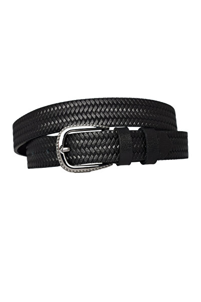 GoDeri %100 Hakiki Deri Siyah Nikel Tokalı Örgü Desenli Siyah Ince Kadın Kemeri, 3 Cm=3cm-kdn-30