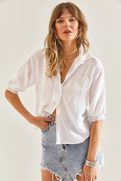 Bianco Lucci Dámská plátěná košile oversize střihu s polovičním rukávem60251089