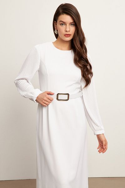 VAVİNOR Pleated Dress with Sleeves - Ecru