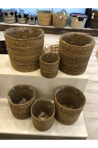 CasaLinda Round Bag Flower Pot Set of 6 Flower Pots Wicker 6 Pieces