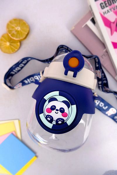 H2O Panda Patterned Hanging Healthy Polycarbonate Water Bottle 800 Ml Dark Blue