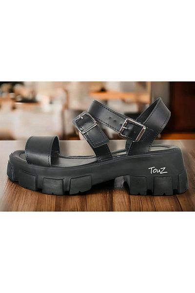 Touz Sandale negre pentru damă - talpă groasă și cataramă dublă