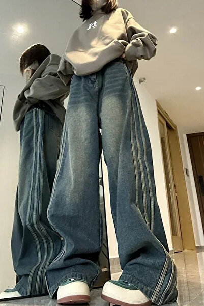Köstebek Mavi Vintage Retro Three Lines Baggy Jeans Kot Pantolon