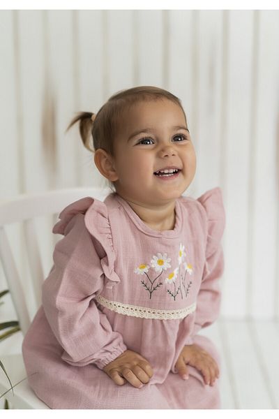 Kirazkids Μακρυμάνικο μουσελίνα φόρεμα Rosie - Ροζ