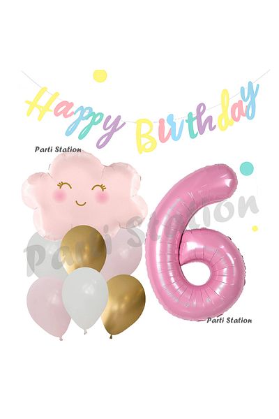 Parti Station 6 Year Old Pink Cloud Rainbow - Balloon and Macaron Happy Birthday Banner Birthday Party Set