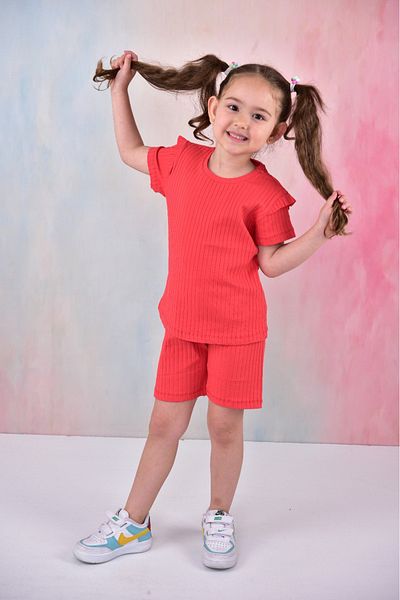 TUGSE Summer Girl's Ruffle Sleeve Ribbed Red Color Set with Shorts