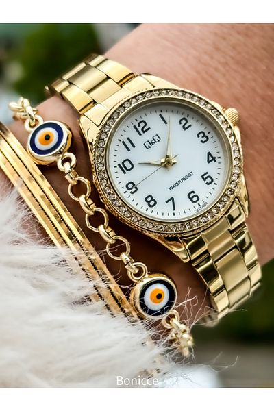Q&Q Small Case with Yellow Jewelled Steel Cord - Women's Wristwatch and Bracelet, Mother's Day Gift