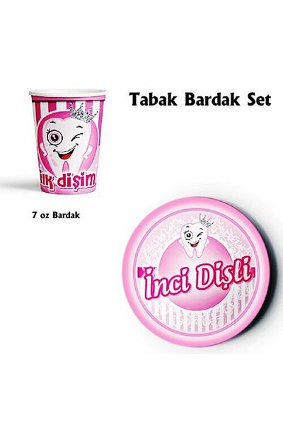turkuaz parti Pink First Tooth Cardboard Plate and Cup Set