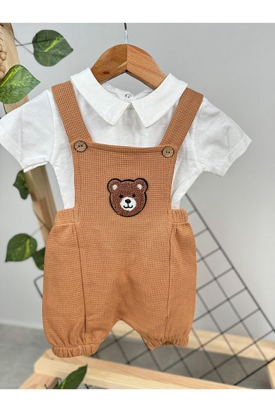 Minizade BEAR EMBROIDERED FLAT WHITE BADED SALOPET DOUBLE SET