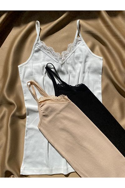 MODALİNOSA 3-Piece V-Neck Lace Blouse - Rope Strap, Cotton Corduroy, Tan-Ecru-Black Embroidered Undershirt