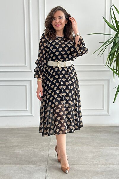 Yağmur Butik Rochie cu mâneci cu curea cu imprimeu evantai