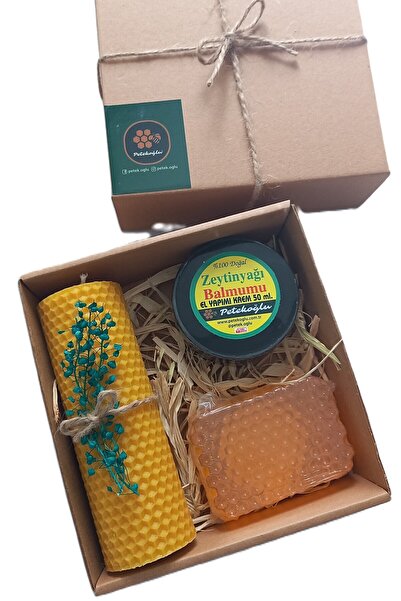 Petekoğlu Balmumu Mum, Balmumu Zeytinyağı Krem , Ballı Sabun Doğal Set Cam Şişe