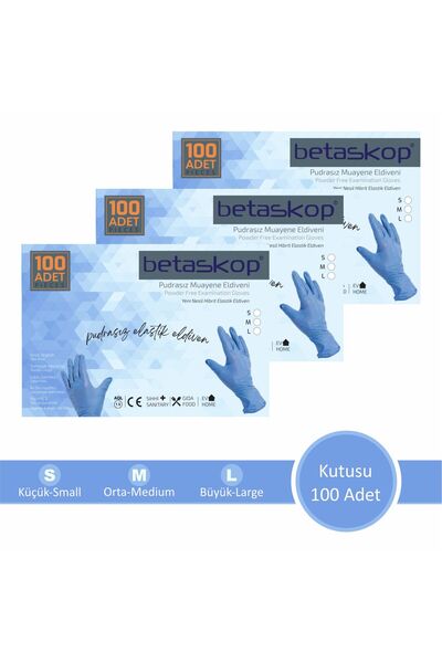 BETASKOP Hibrit Elastik Pudrasız Eldiven 100'lük Kutu Mavi (S Beden)