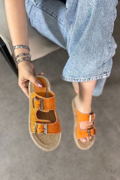 SHOEBELLAS Orange Suede and Double Buckle Detailed Luster Women's Slippers
