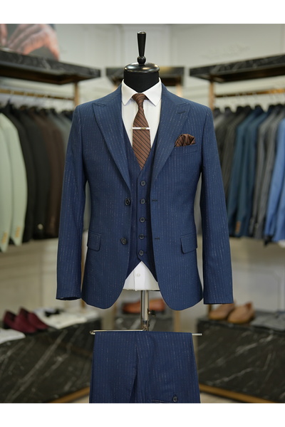 LONATOLİA Erkek ÇizgiliTakım Elbise Kırlangıç Yaka İtalyan Stil Slim Fit Ceke...