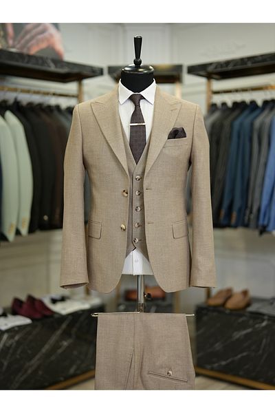 LONATOLİA Italian Style Slim Fit Men's Suit - Swallow Collar, Milk Coffee Jacket, Vest and Pants