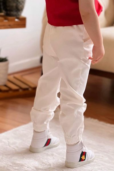 meqlife Unisex Children's Jeans Gabardine Fabric Trousers Pocket Packet Lattice Trousers Ecru