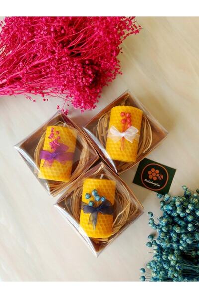 Petekoğlu (3 Adet) Bal Mumu Mum 7cmx4.5cm Kraft Kutuda Asetat Kapaklı Balmumu Mum