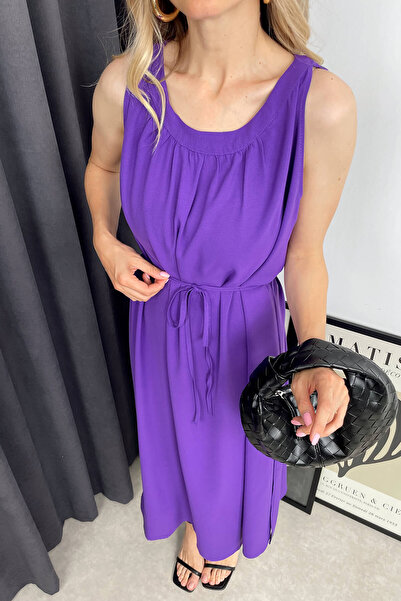 Sue Store Mor Bisiklet Yaka Sıfır Kol Yırtmaçlı Elbise