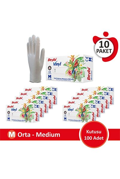 Beybi Vinil Pudrasız Muayene Eldiven MDR - 100'lük Kutu (M BEDEN) 10 Paket