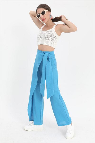 Marissa Butik Trousers Tie Front Linen - Blue
