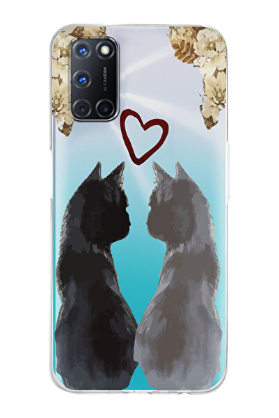 Magic Ring Oppo A52/A72/A92 Uyumlu Kedi Çiftler Tasarımlı Şeffaf Telefon Kılıfı