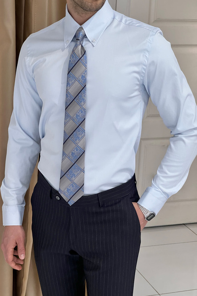 NAZEF Dar Kesim Özel Üretim Klasik Düğme Yaka Pamuk Gömlek