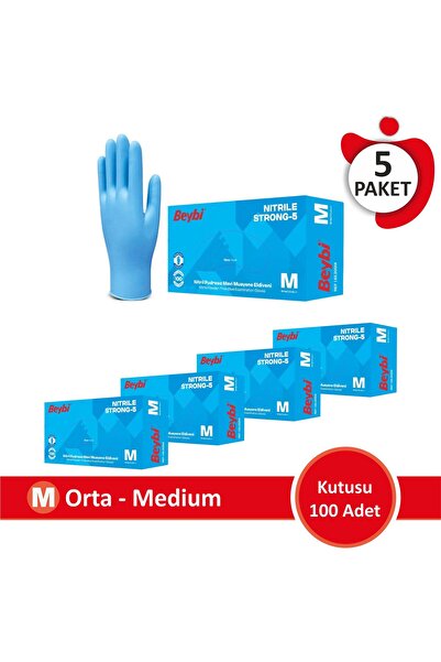 Beybi Nitril Strong Pudrasız Muayene Eldiveni - 100'lük Kutu (M BEDEN) 5 Paket