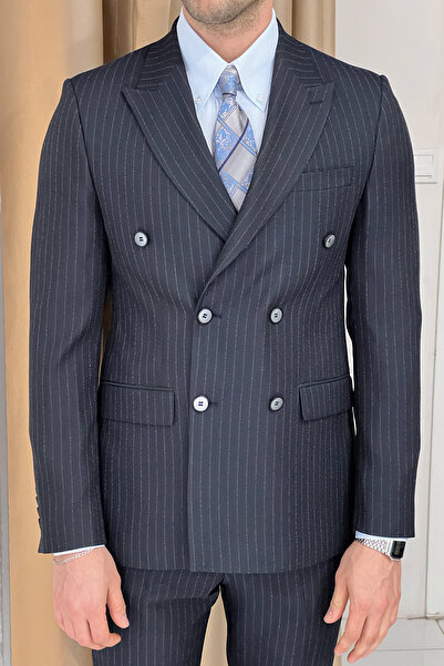 NAZEF Özel Üretim Dar Kesim Sivri Yaka Çizgili Kruvaze Lacivert Yün Takım Elbise