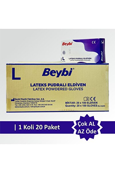 Beybi Lateks Pudralı Muayene Eldiveni Tek Kul. - 100'lük Kutu (L BEDEN) Koli ...