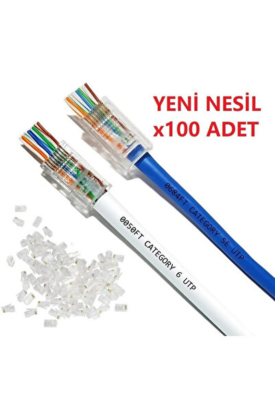 Vwin 100 Adet Yeni Nesil (Delikli, Açık Uçlu) Cat6 EZ RJ45 Konnektör UTP Jack