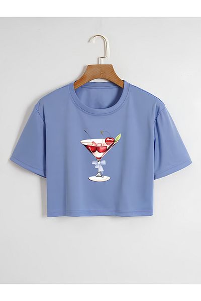 Ginevra Women's Cherry Cocktail Printed Oversize Crew Neck Crop T-shirt