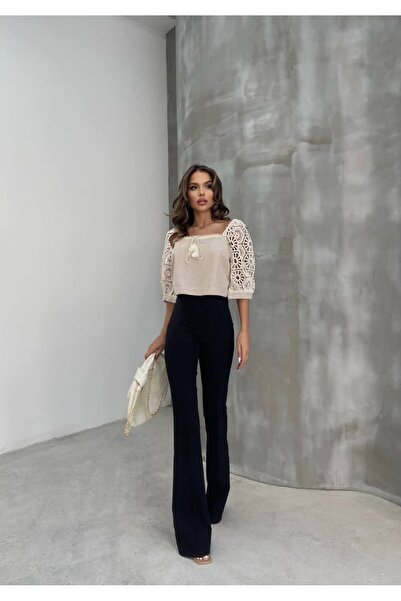 NARKISS Kolları Dantelli Önden Püsküllü Keten Crop Bluz