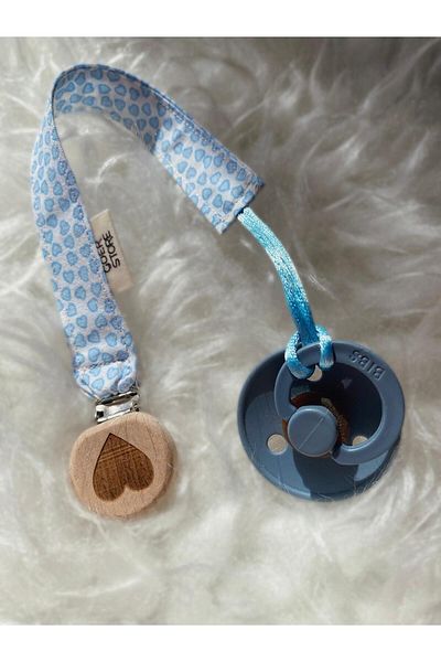 GOER STORE Natural Wooden Heart Detailed Soft Blue Little Heart 100% Cotton Baby Pacifier Strap