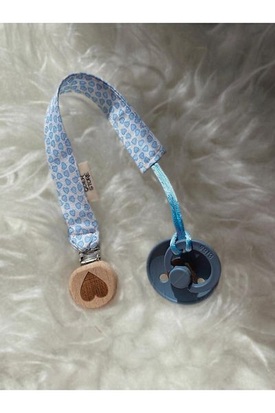 GOER STORE Natural Wooden Heart Detailed Soft Blue Little Heart 100% Cotton Baby Pacifier Strap